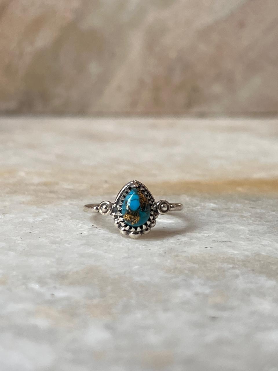 Copper Turquoise Pear Boho 925 Sterling Silver Ring