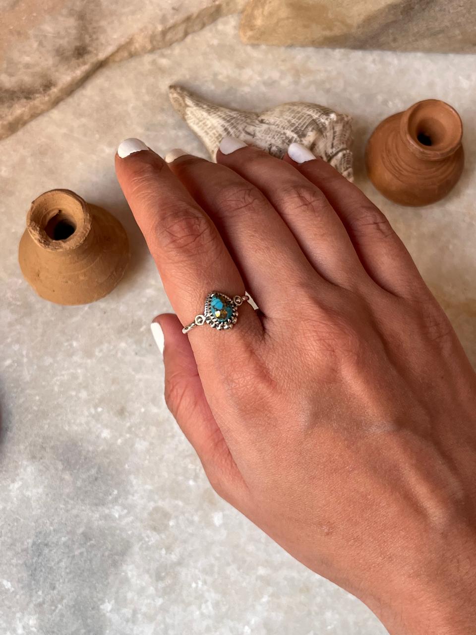 Copper Turquoise Pear Boho 925 Sterling Silver Ring