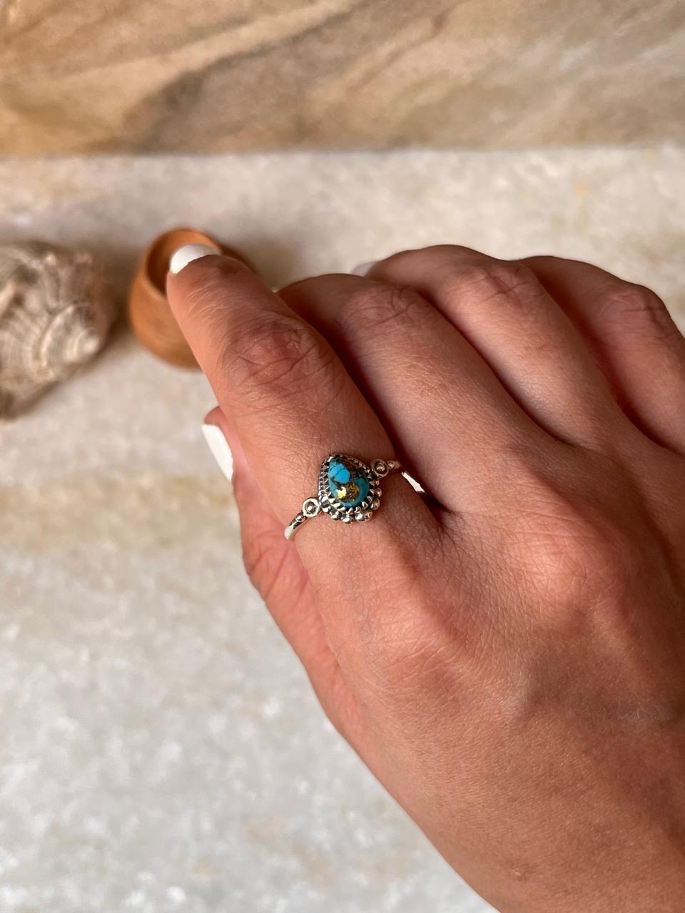Copper Turquoise Pear Boho 925 Sterling Silver Ring