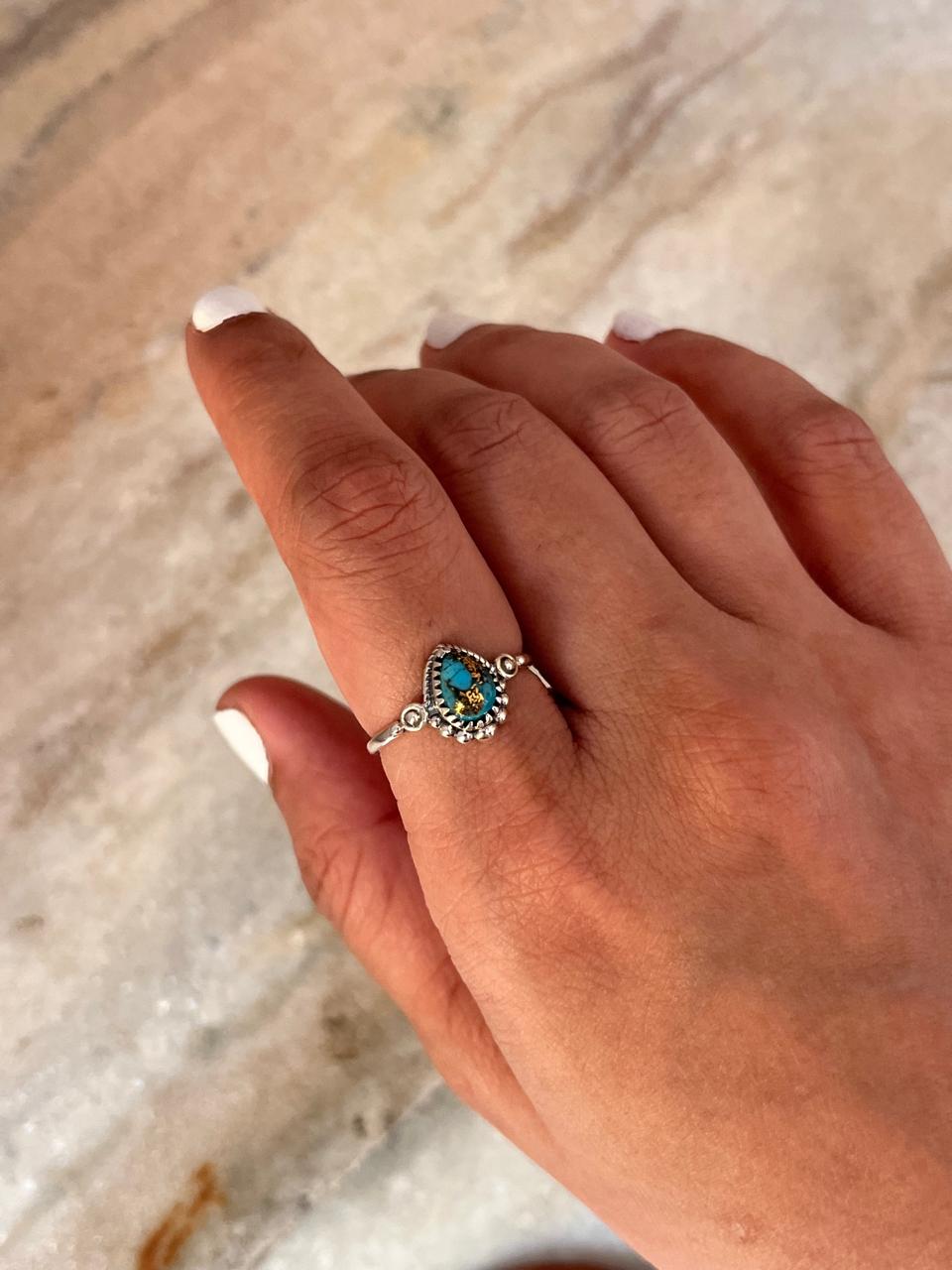 Copper Turquoise Pear Boho 925 Sterling Silver Ring