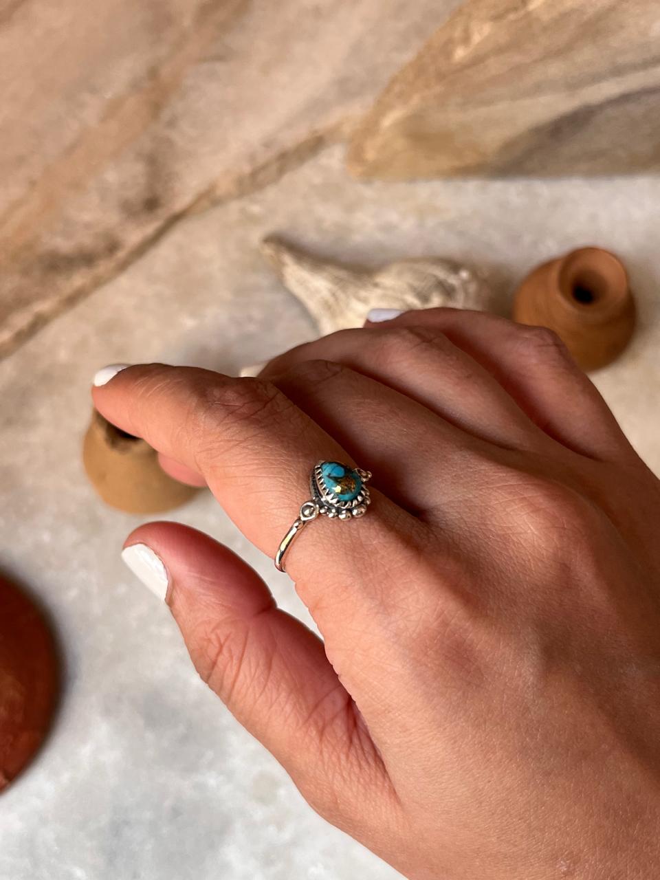 Copper Turquoise Pear Boho 925 Sterling Silver Ring