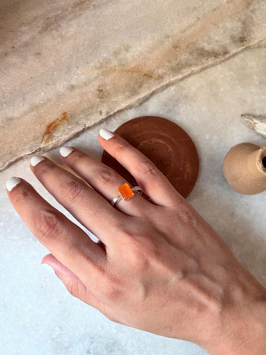 Handmade 925 sterling silver ring featuring a rectangular carnelian stone  