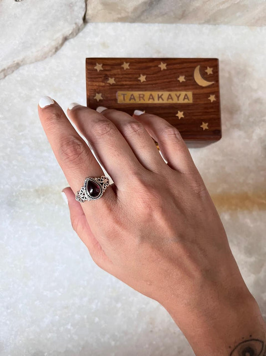 designer natural garnet pear boho ring in 925 sterling silver