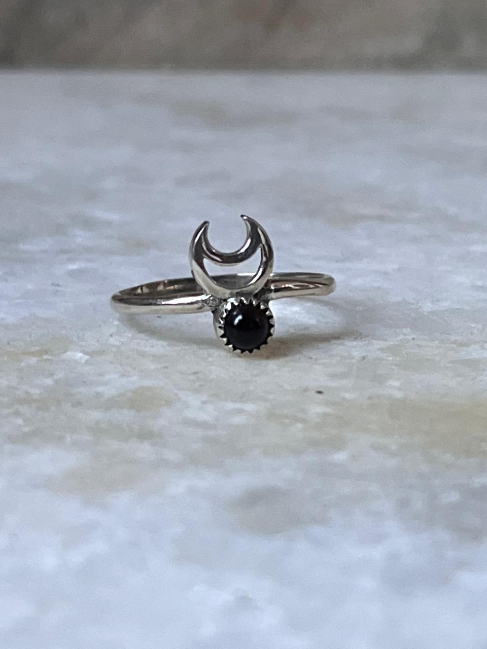Black Onyx Crescent Moon 925 Sterling Silver Ring