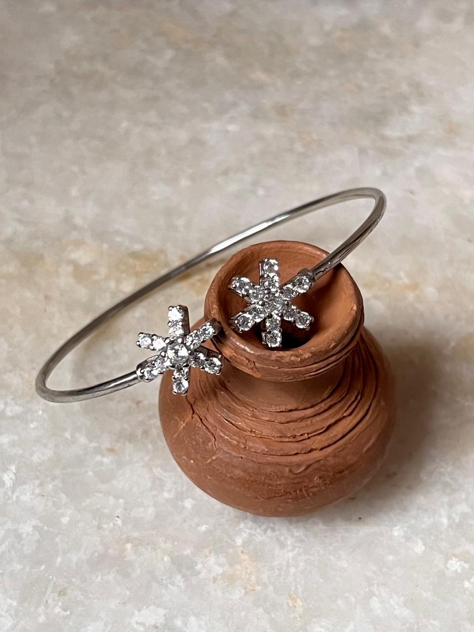 Dainty CZ Double Star 925 Silver Adjustable Flexible Kada Bracelet