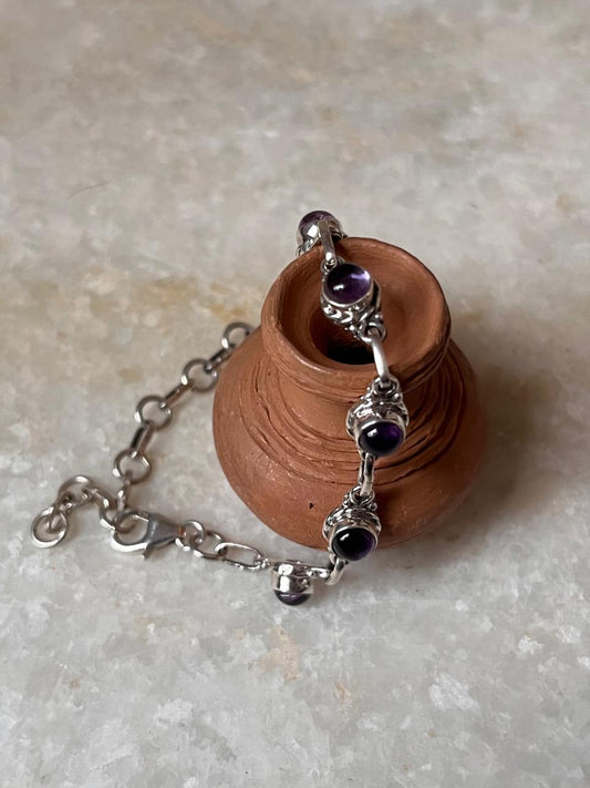 Amethyst Round Flower Boho 925 Sterling Silver Bracelet