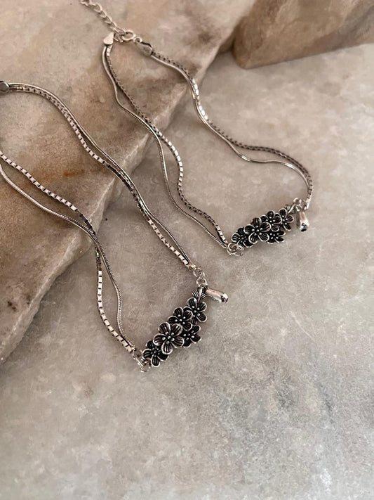 Floral Drop Double Layered 925 Sterling Silver Anklet