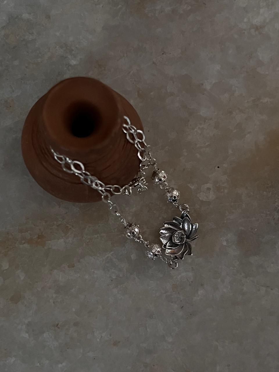 Adjustable lotus flower silver anklet  