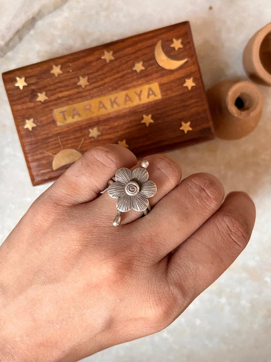925 Sterling Silver Antique Bohemian Flower Handcrafted Adjustable Ring