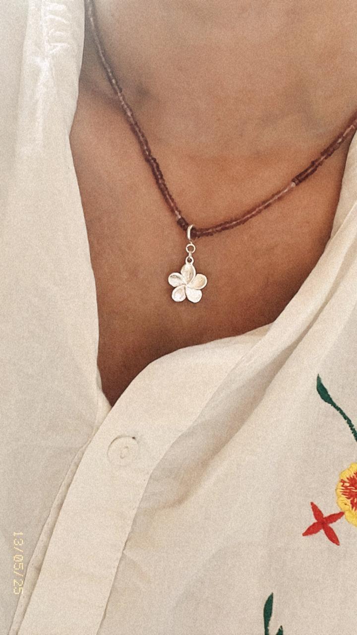 Pink Tourmaline 3-4mm Natural Crystal With Plumeria/ Frangipani Charm 925 Sterling Silver Choker Necklace