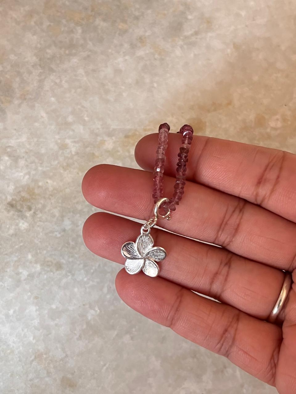 Pink Tourmaline 3-4mm Natural Crystal With Plumeria/ Frangipani Charm 925 Sterling Silver Choker Necklace