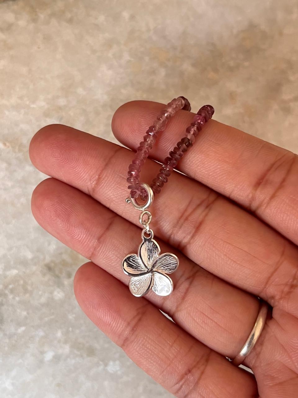 Pink Tourmaline 3-4mm Natural Crystal With Plumeria/ Frangipani Charm 925 Sterling Silver Choker Necklace