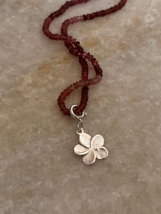 Pink Tourmaline 3-4mm Natural Crystal With Plumeria/ Frangipani Charm 925 Sterling Silver Choker Necklace