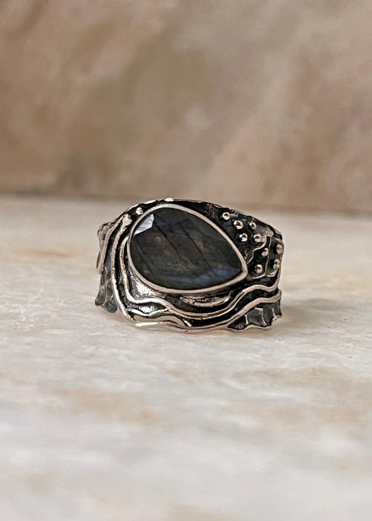 925 Sterling Silver Ring with Labradorite Pear Rustic gemstone