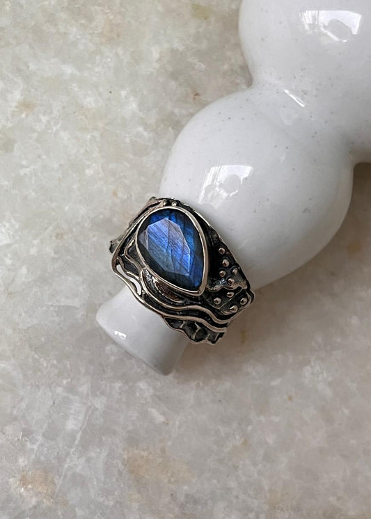 Boho 925 Sterling Silver Labradorite Pear Rustic Ring for women