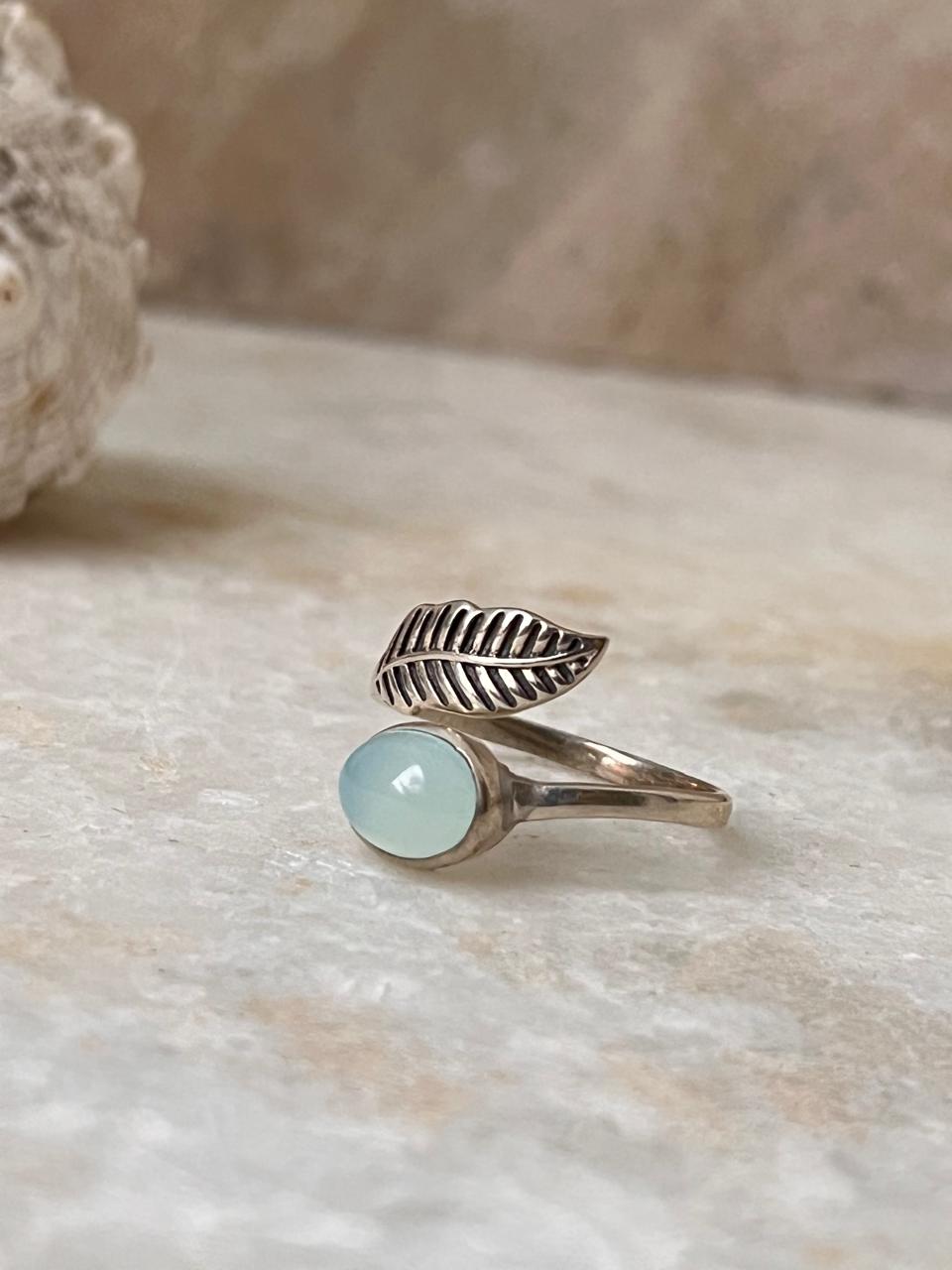 Aqua Chalcedony Feather Adjustable 925 Sterling Silver Ring