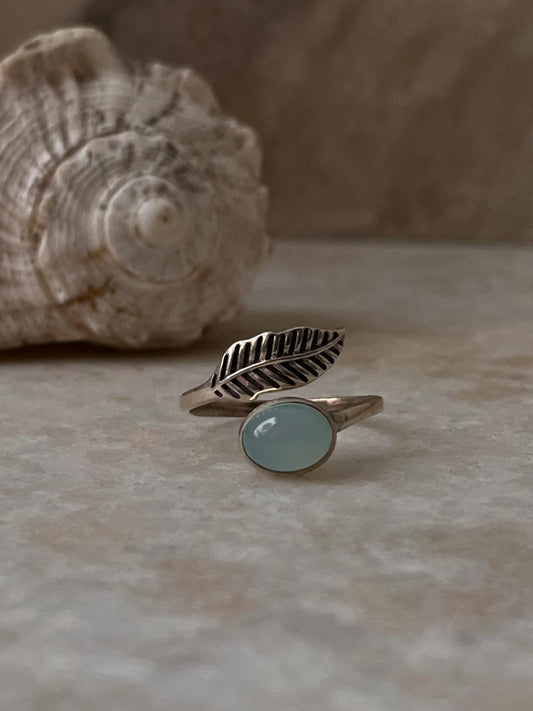 Aqua Chalcedony Feather Adjustable 925 Sterling Silver Ring