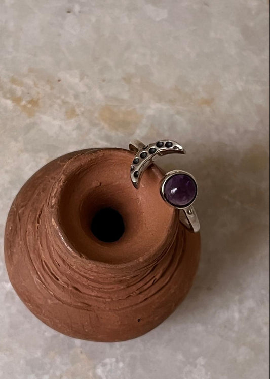 925 Sterling Silver Crescent Moon Amethyst Adjustable Ring