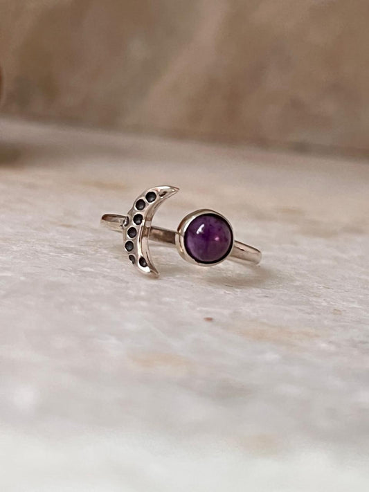 Amethyst Crescent Moon Adjustable 925 Sterling Silver Ring