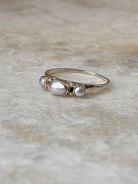 Fresh Water Pearl 3 Stone 925 Sterling Silver Ring