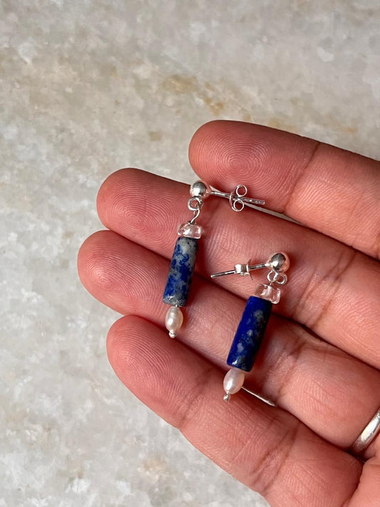 Handcrafted Lapis Lazuli, Quartz & Freshwater Pearl 925 Sterling Silver Stud Earrings
