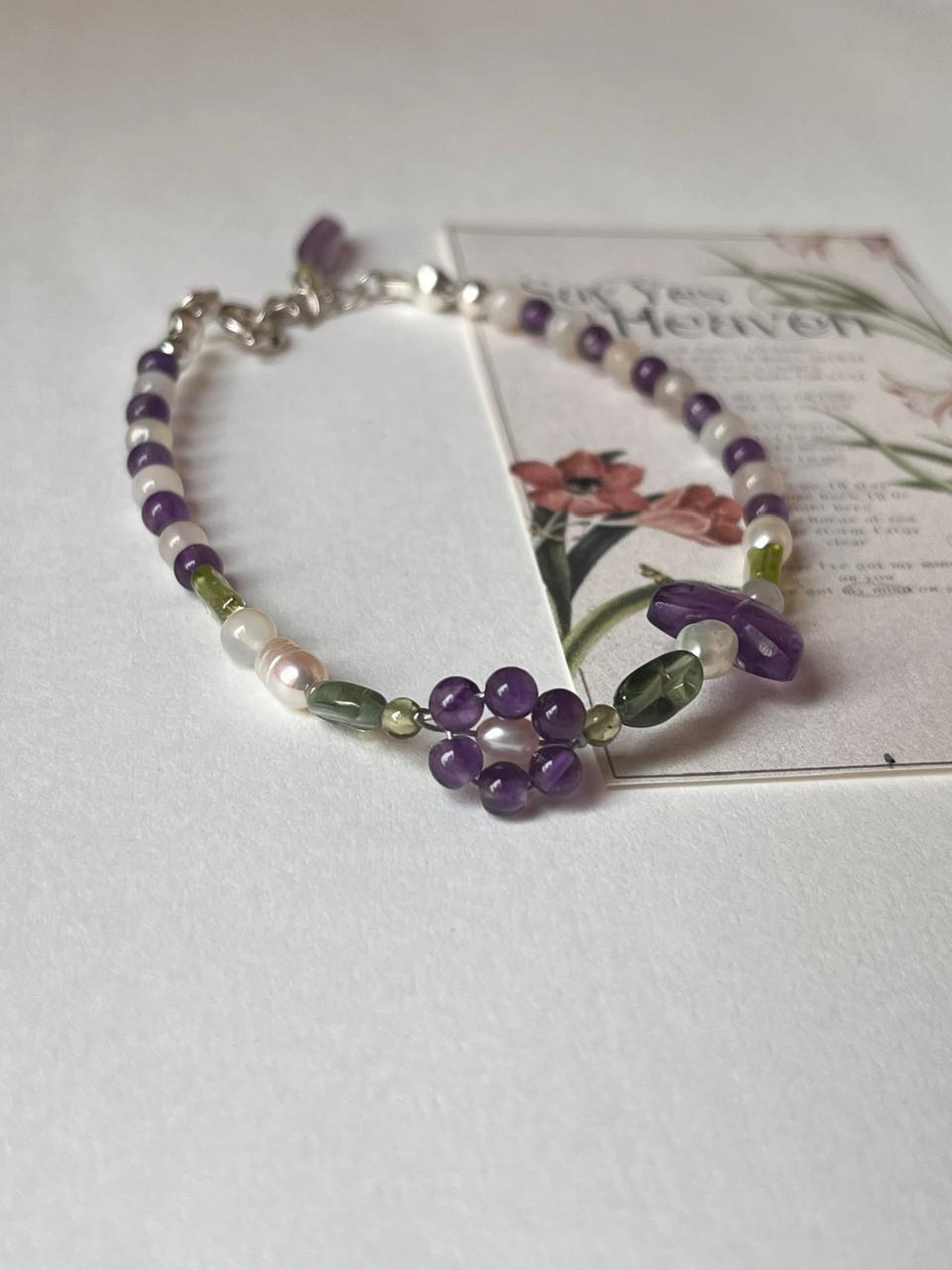 Floral Garden 2 Handcrafted Natural Gemstone 925 Sterling Silver Bracelet