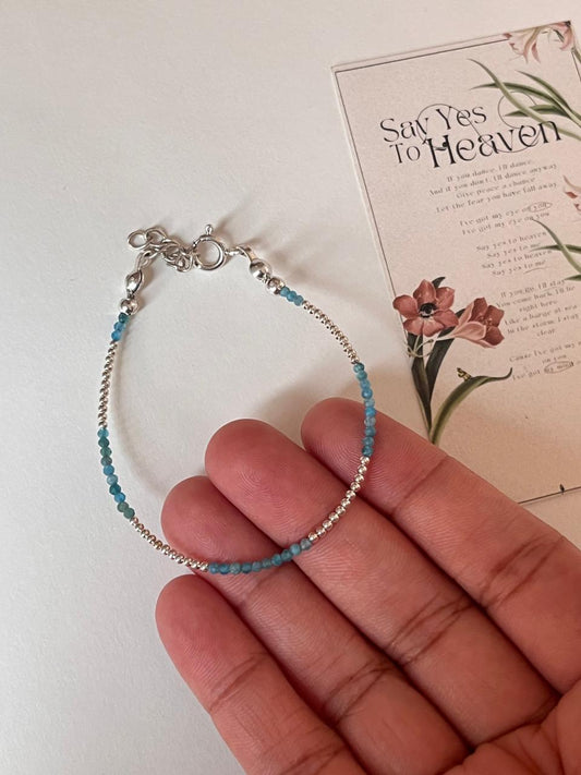 Apatite & Silver 2mm Beads Handcrafted 925 Sterling Silver Bracelet
