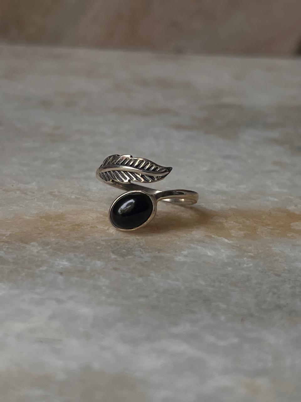 Black Onyx Feather Adjustable 925 Sterling Silver Ring