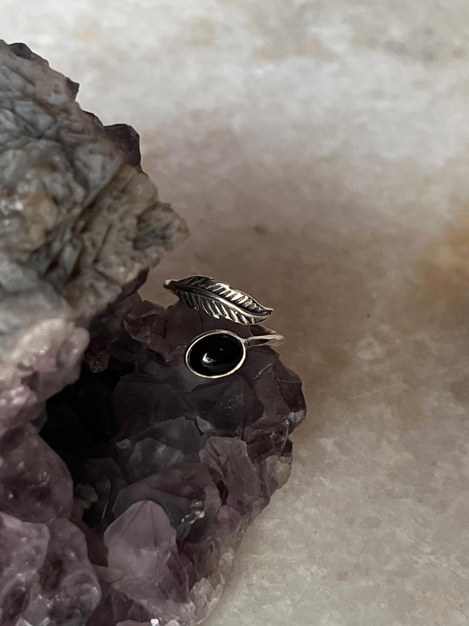 Black Onyx Feather Adjustable 925 Sterling Silver Ring