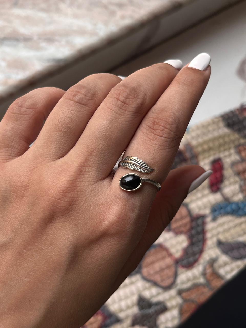 Black Onyx Feather Adjustable 925 Sterling Silver Ring
