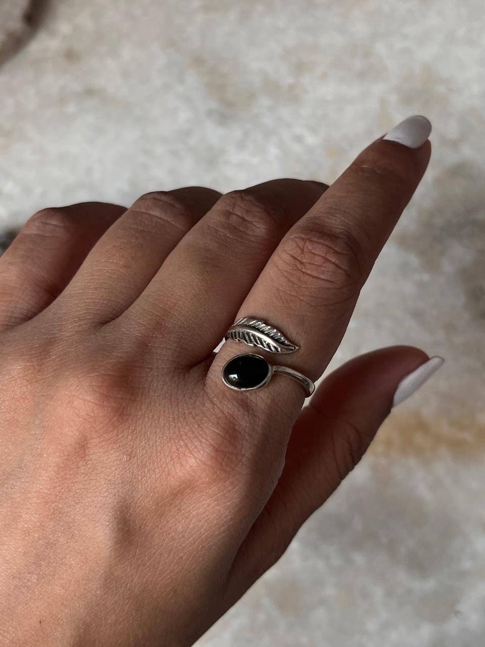 Black Onyx Feather Adjustable 925 Sterling Silver Ring