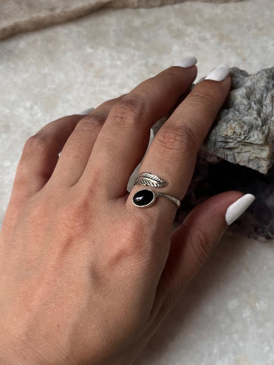 Black Onyx Feather Adjustable 925 Sterling Silver Ring