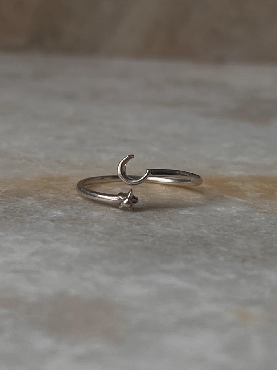 Dainty Celestial- Moon & Star Adjustable 925 Sterling Silver Ring