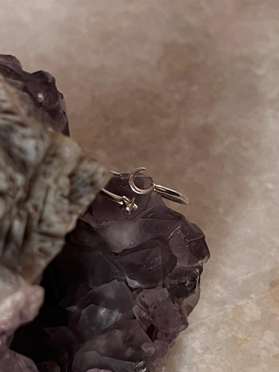 Dainty Celestial- Moon & Star Adjustable 925 Sterling Silver Ring