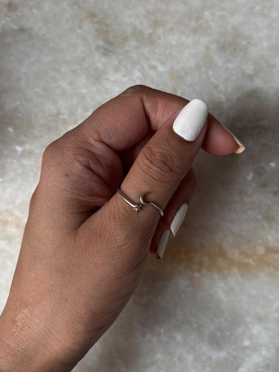 Dainty Celestial- Moon & Star Adjustable 925 Sterling Silver Ring