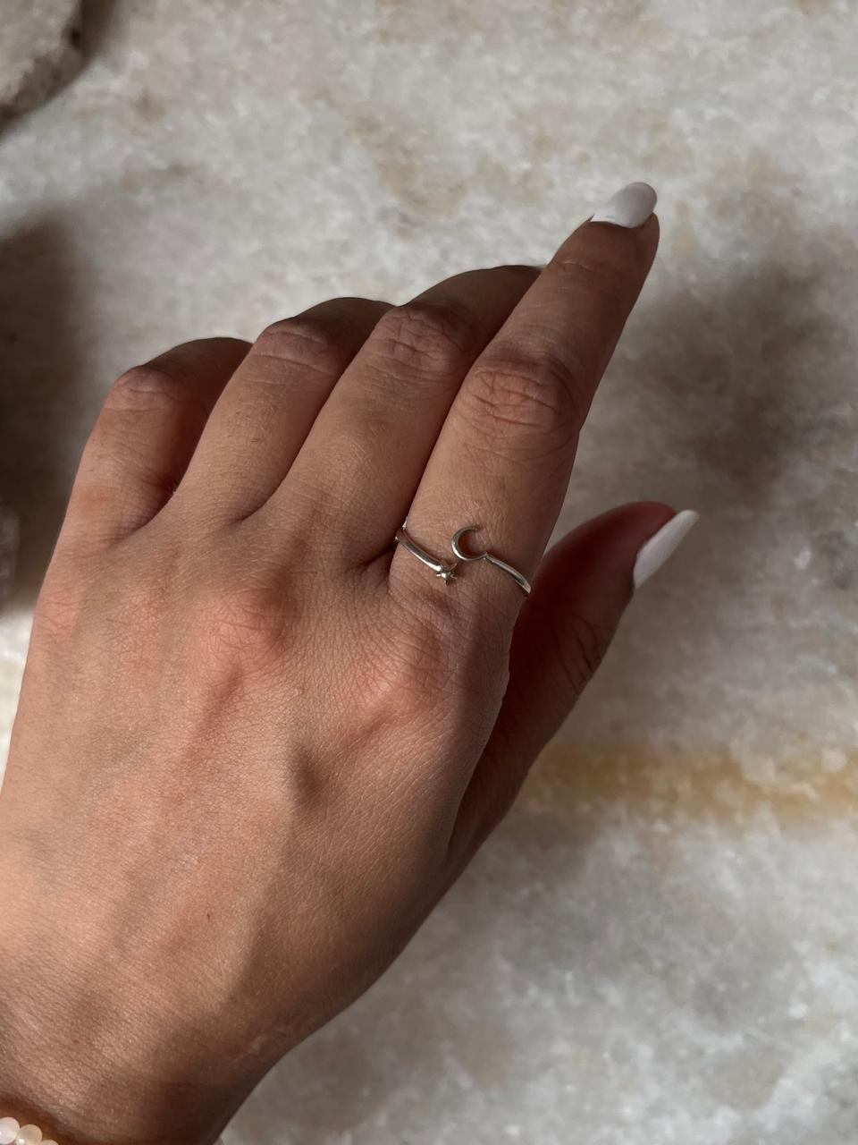 Dainty Celestial- Moon & Star Adjustable 925 Sterling Silver Ring