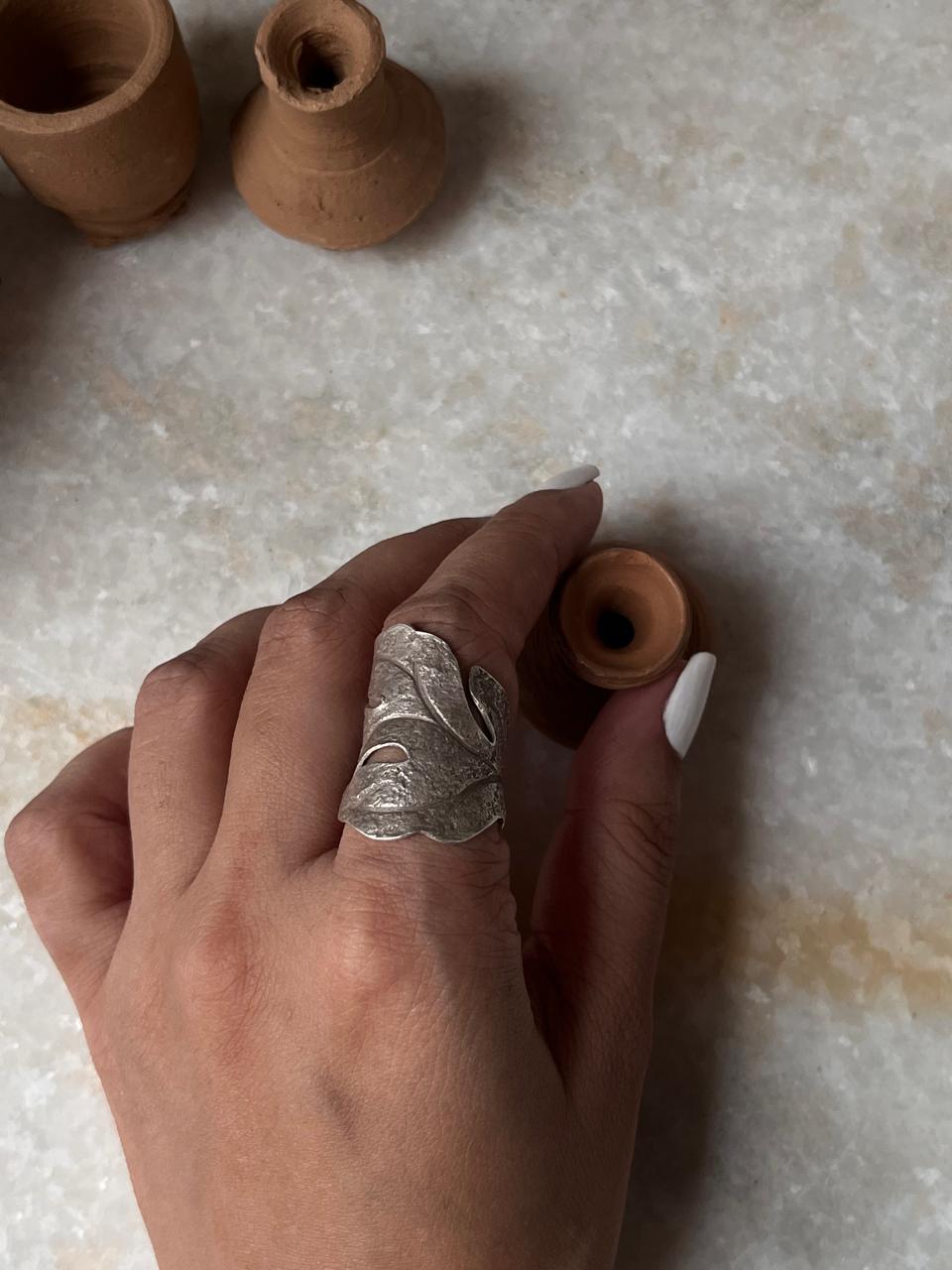 Bohemian Imported Handcrafted Maple Leaf Wrap Brushed Finish Adjustable 925 Sterling Silver Ring