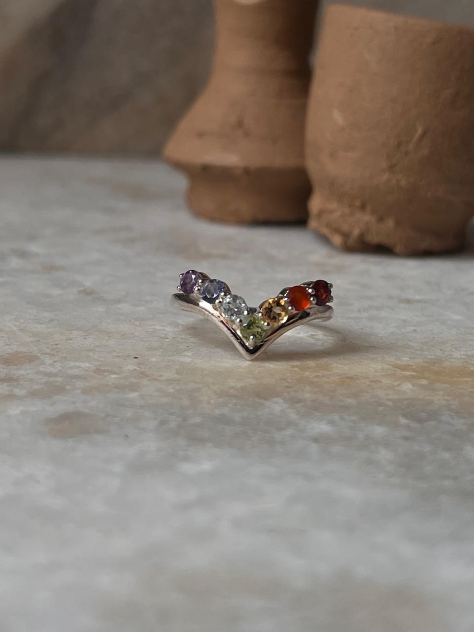Seven Chakra V 925 Sterling Silver Ring
