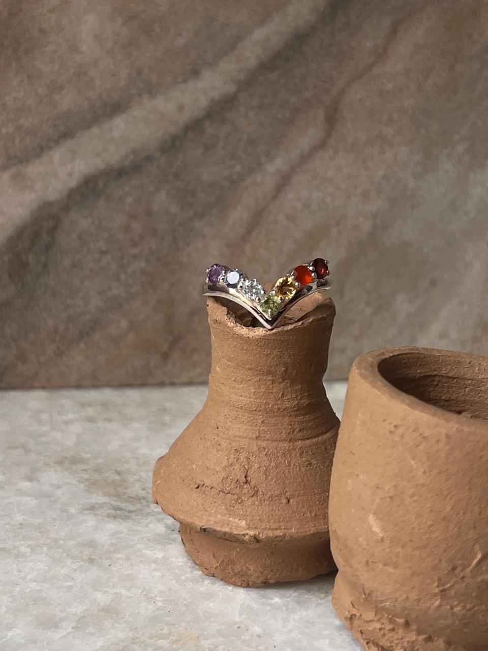Seven Chakra V 925 Sterling Silver Ring