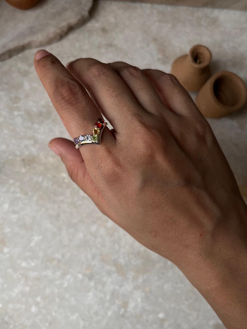 Seven Chakra V 925 Sterling Silver Ring