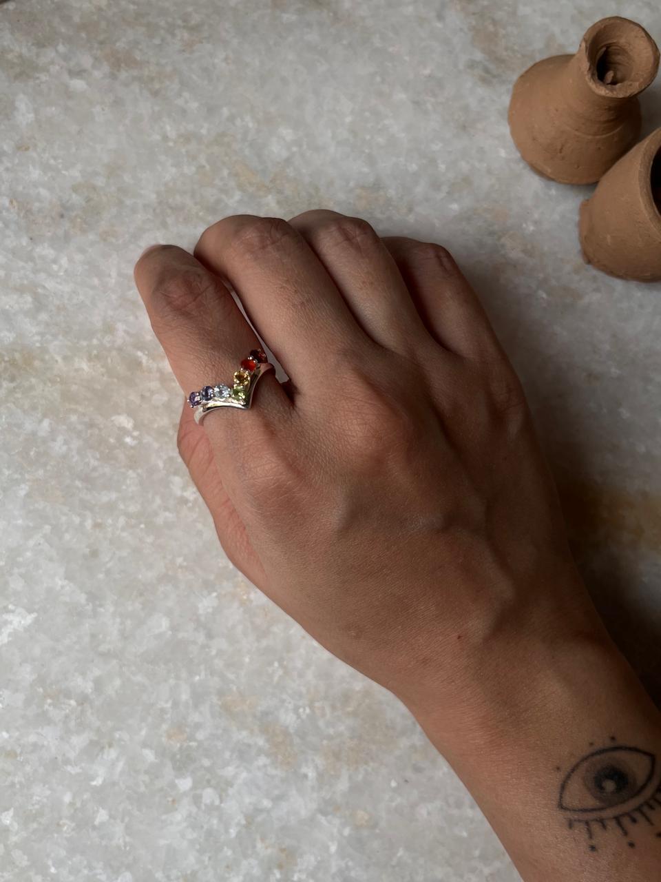 Seven Chakra V 925 Sterling Silver Ring