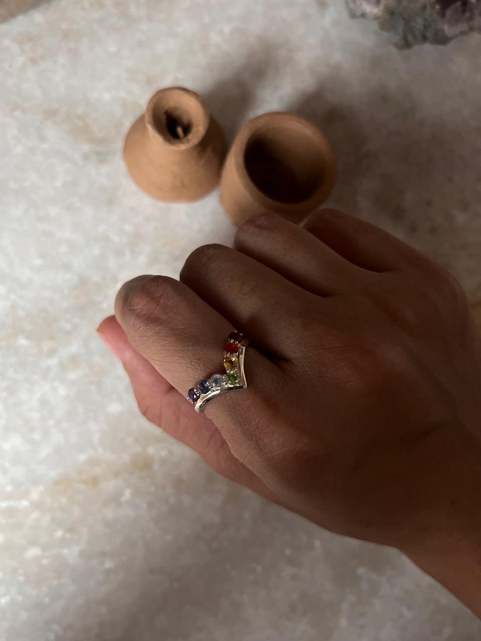 Seven Chakra V 925 Sterling Silver Ring