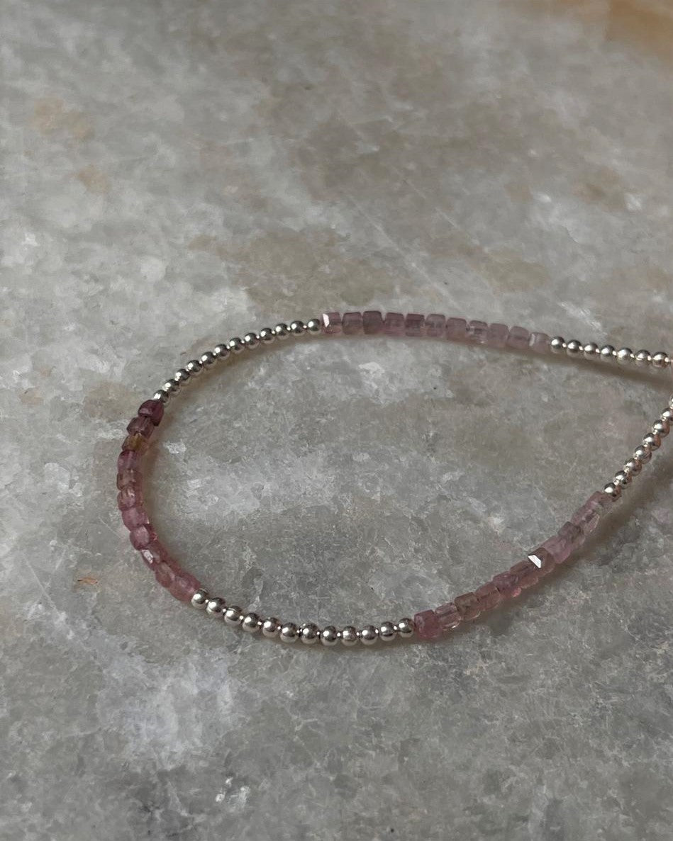 Pink Tourmaline Light Shade & Silver 2mm Beads Handcrafted 925 Sterling Silver Bracelet