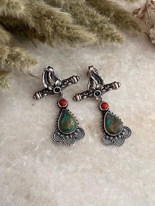 Antique Turquoise and Coral Statement 925 Sterling Silver Earring