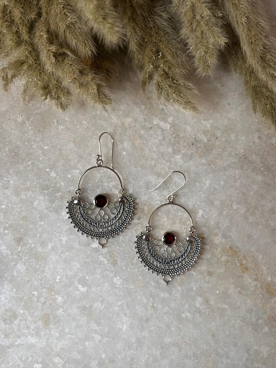 Chandbali Garnet 925 Sterling Silver Earrings