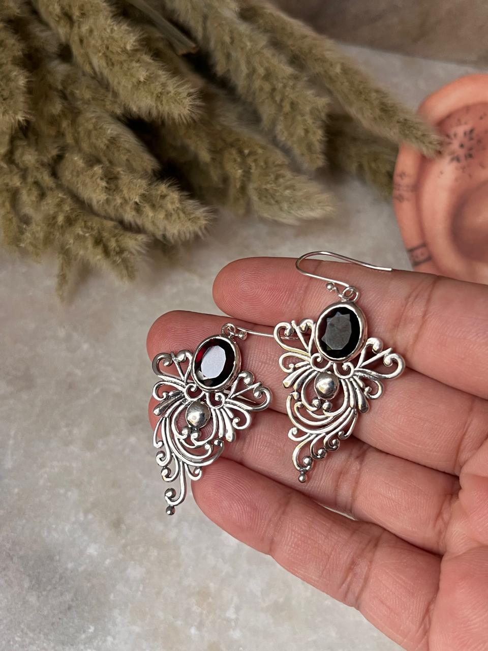 Vintage style garnet statement earrings in 925 sterling silver