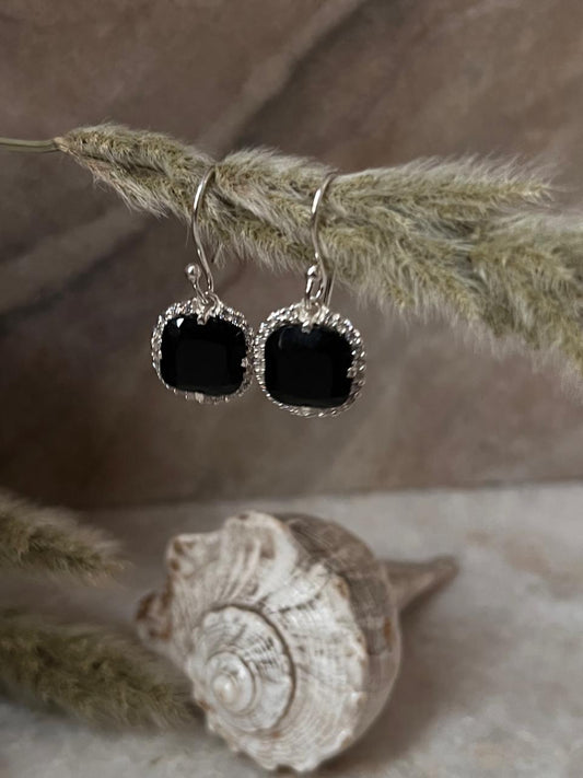 Black Onyx Cushion Cut Halo 925 Sterling Silver Earrings