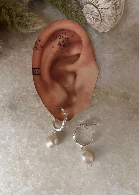 925 Sterling silver twig textured baroque pearl half hoops  