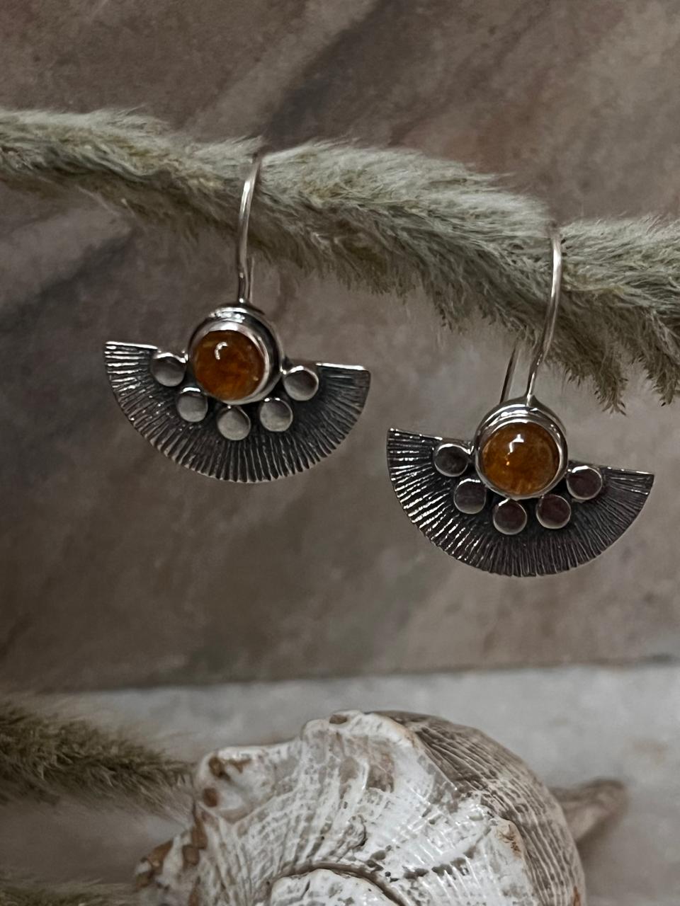 Artisan silver earrings with multi tourmaline fan design  