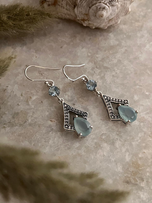 Aqua Chalcedony Pear Cut & Blue Topaz Stone 925 Sterling Silver Earrings